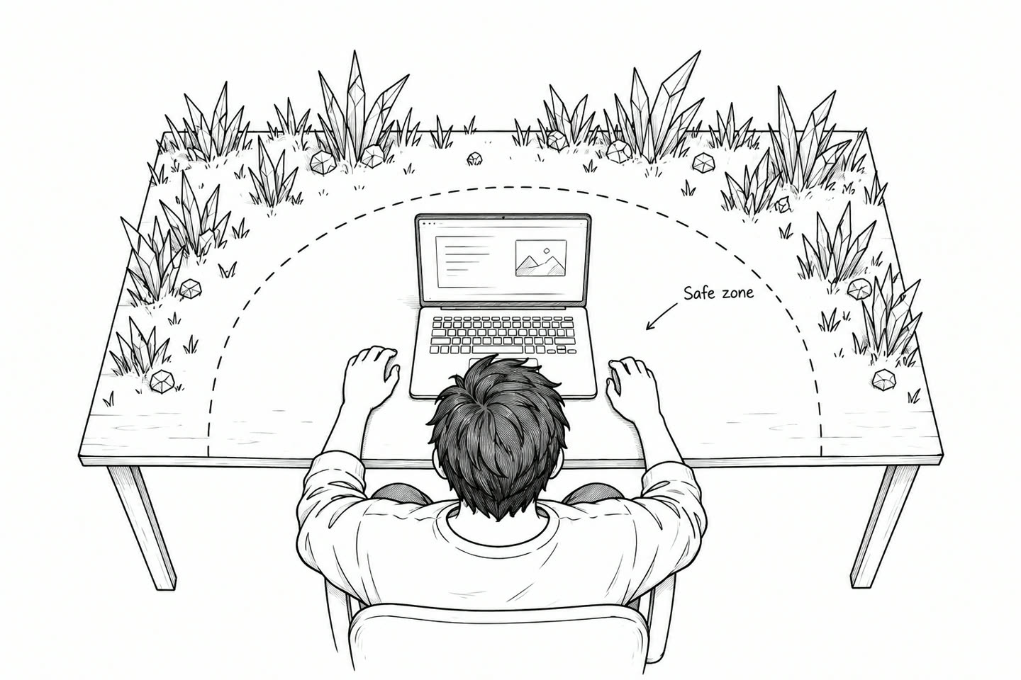 Illustrative process sketch from the original portfolio: leave space for resting hands and a laptop.
